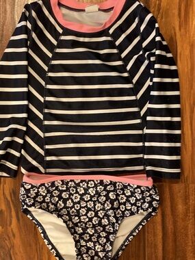 GAP Girls Navy & White Striped Rashguard Set with Pink Trim